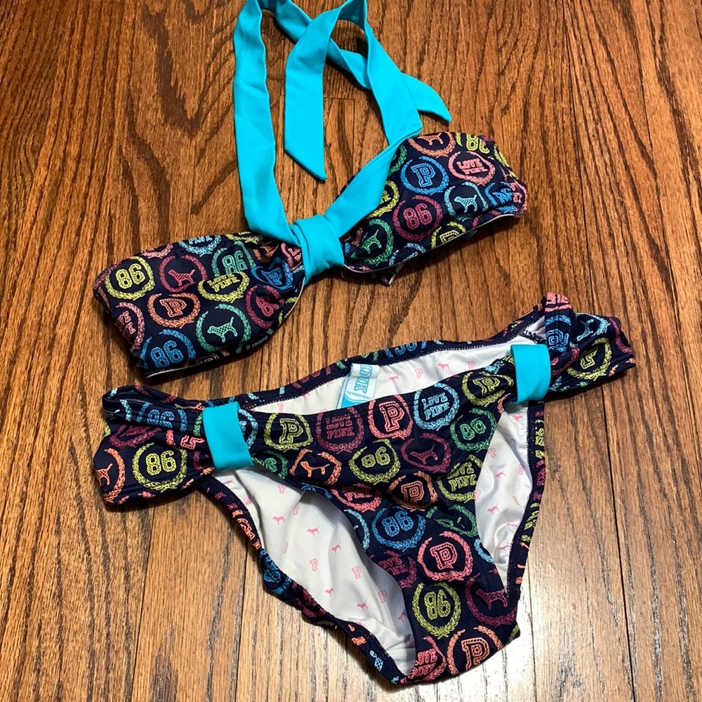 Victoria’s Secret Pink Dog Logo Matching 2 Piece Halter Swimsuit Sz Small